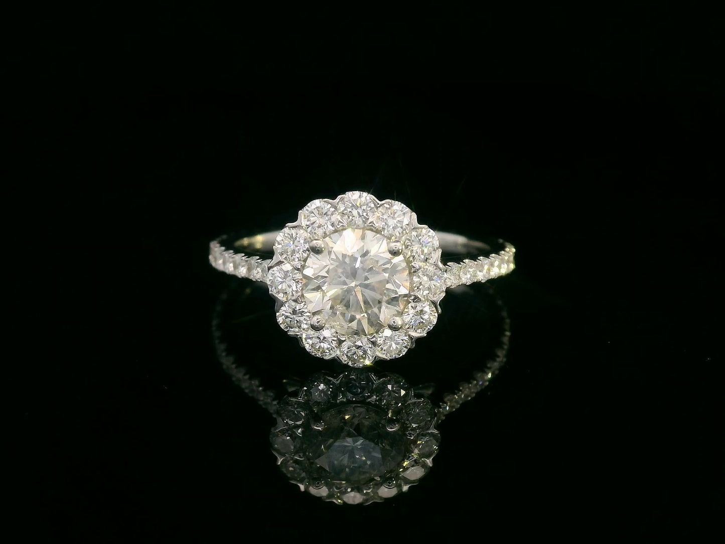 18K gold floral halo diamond ring with 1.00 carat center and 0.89 carat accent diamonds, vintage-inspired engagement design