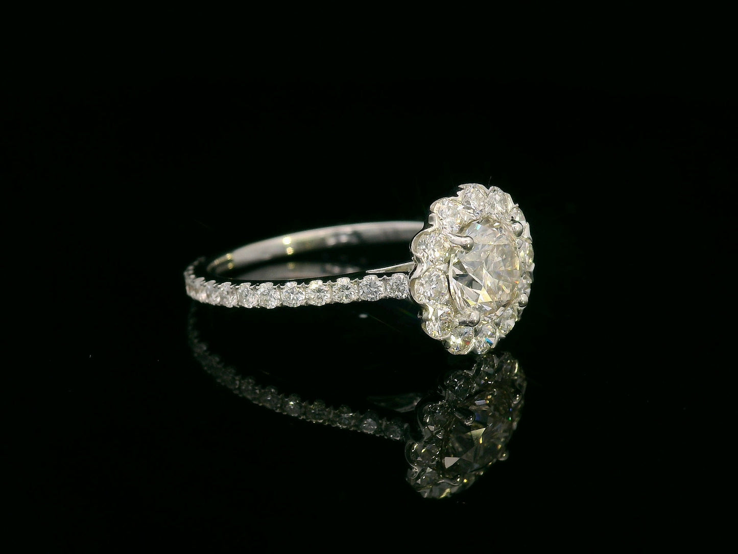 18K gold floral halo diamond ring with 1.00 carat center and 0.89 carat accent diamonds, vintage-inspired engagement design