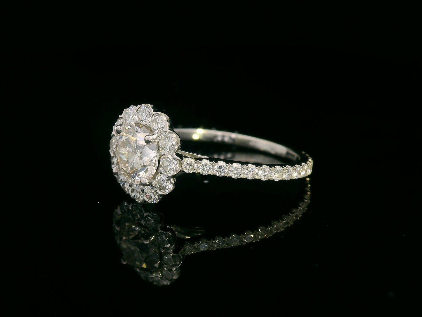 18K gold floral halo diamond ring with 1.00 carat center and 0.89 carat accent diamonds, vintage-inspired engagement design