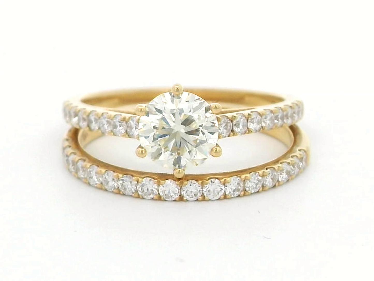 1.01 Carat Round Cut Diamond Engagement Ring And Wedding Band Set In 18k Yellow Gold. Bridal Set.