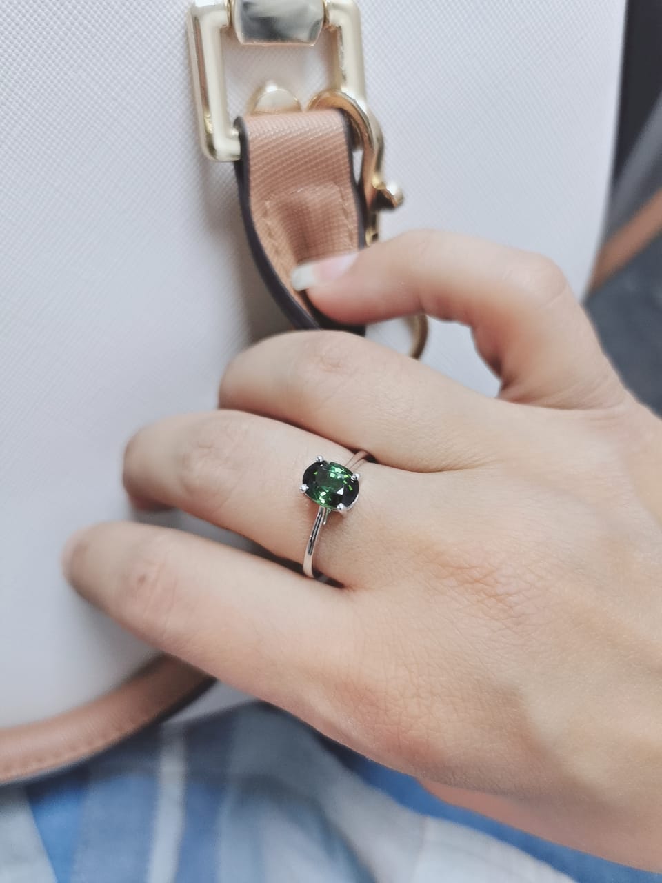 Green Tourmaline Ring In 18k White Gold.