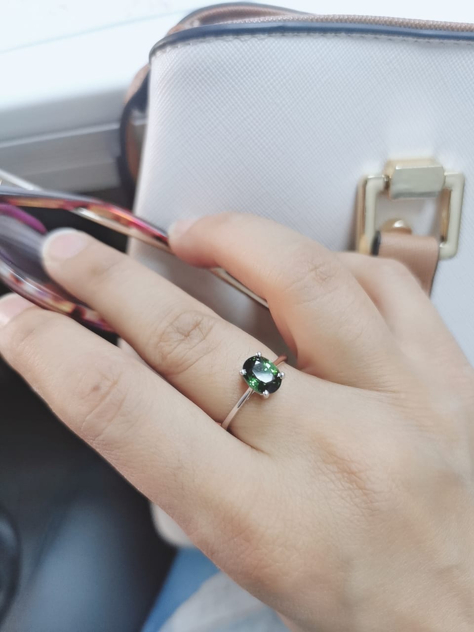 Green Tourmaline Ring In 18k White Gold.