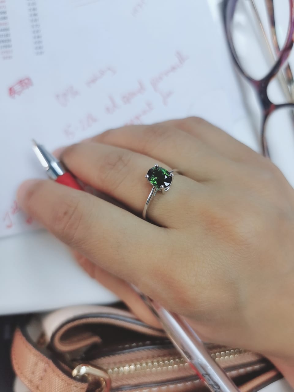 Green Tourmaline Ring In 18k White Gold.