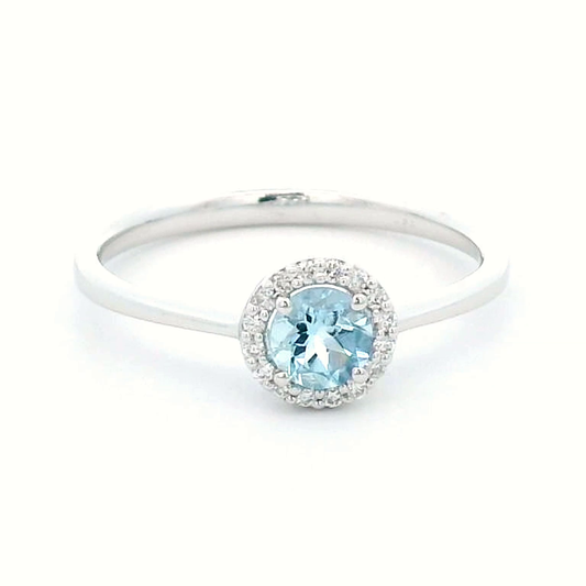 18K Gold Round-cut Aquamarine Ring with Diamond Halo
