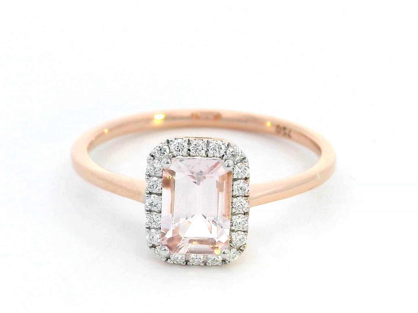 18k Rose Gold Emerald Cut Morganite Ring with Diamond Halo