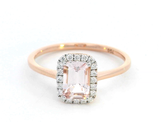 18k Rose Gold Emerald Cut Morganite Ring with Diamond Halo