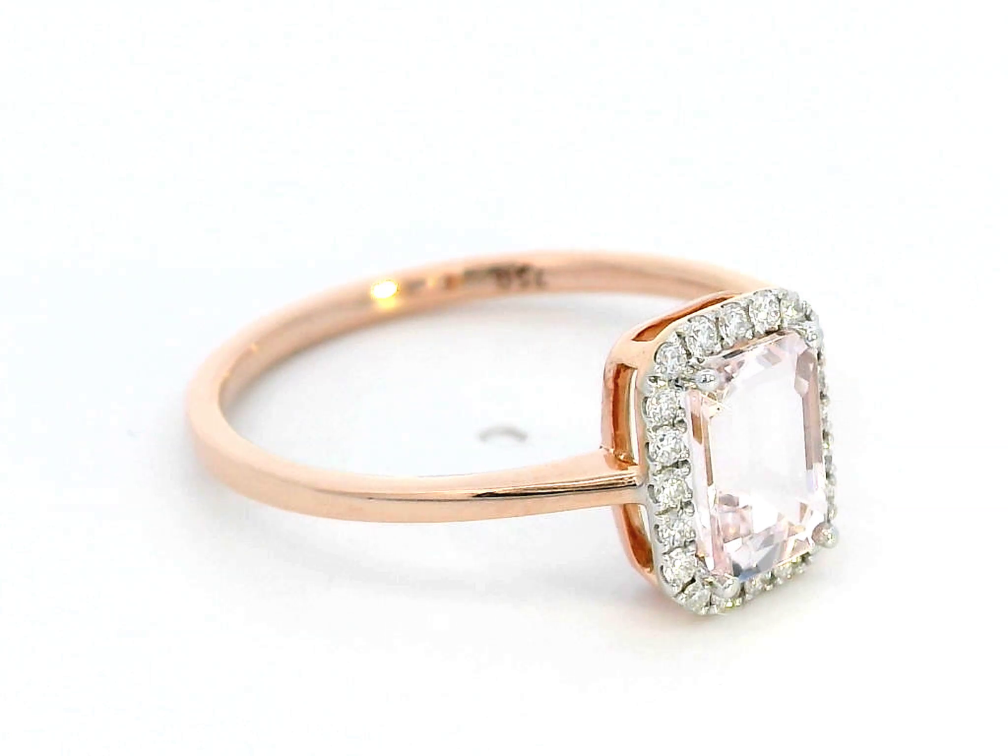 18k Rose Gold Emerald Cut Morganite Ring with Diamond Halo
