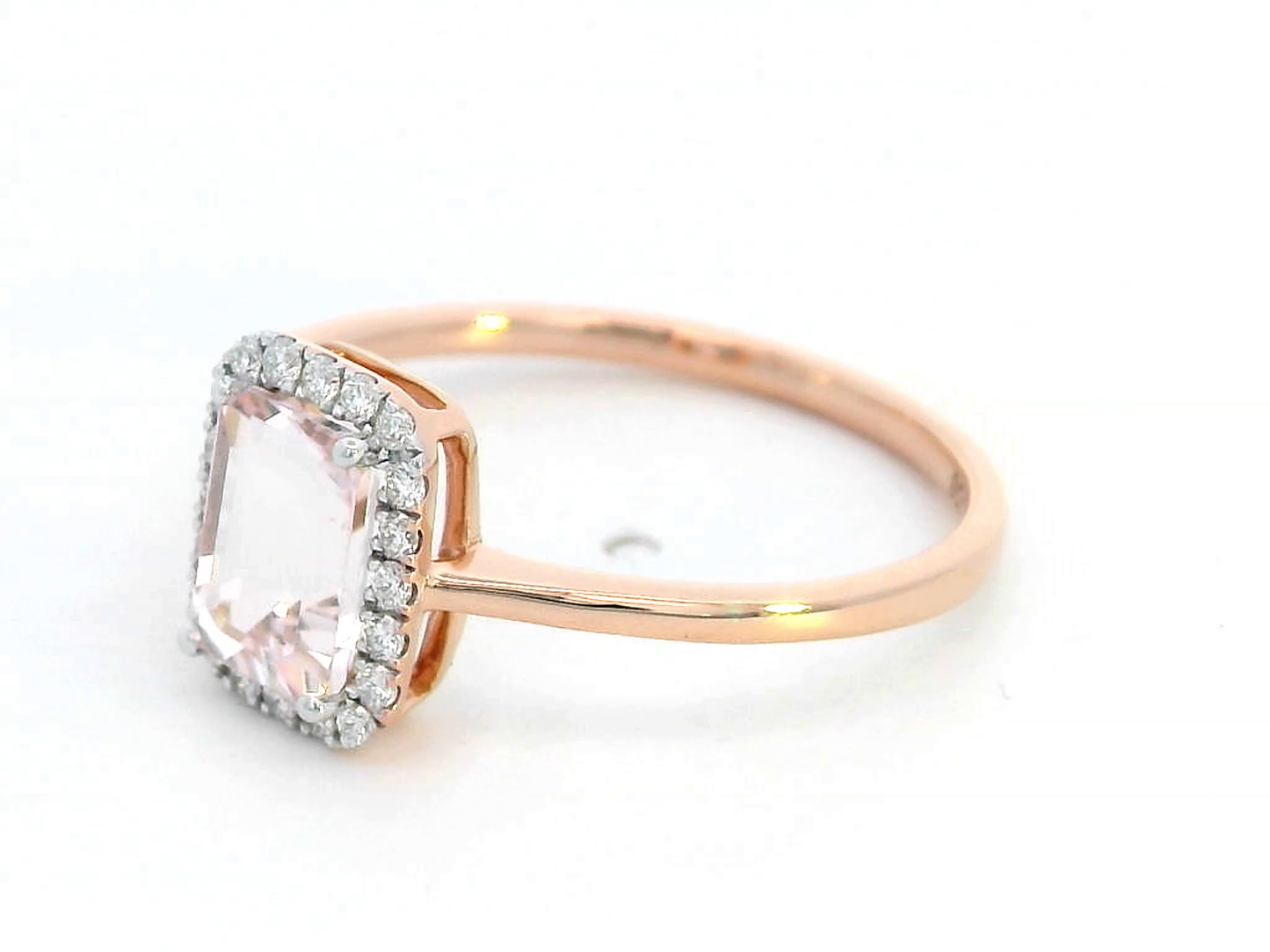18k Rose Gold Emerald Cut Morganite Ring with Diamond Halo