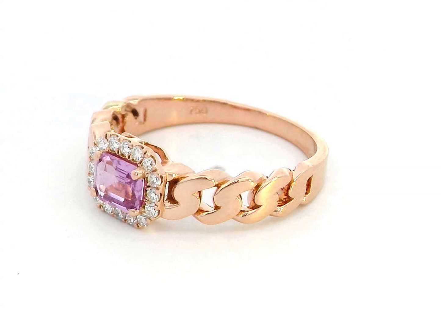 18K Gold 0.50 CT Pink Sapphire & 0.14 CT Diamond Halo Ring – Chain-Link Design