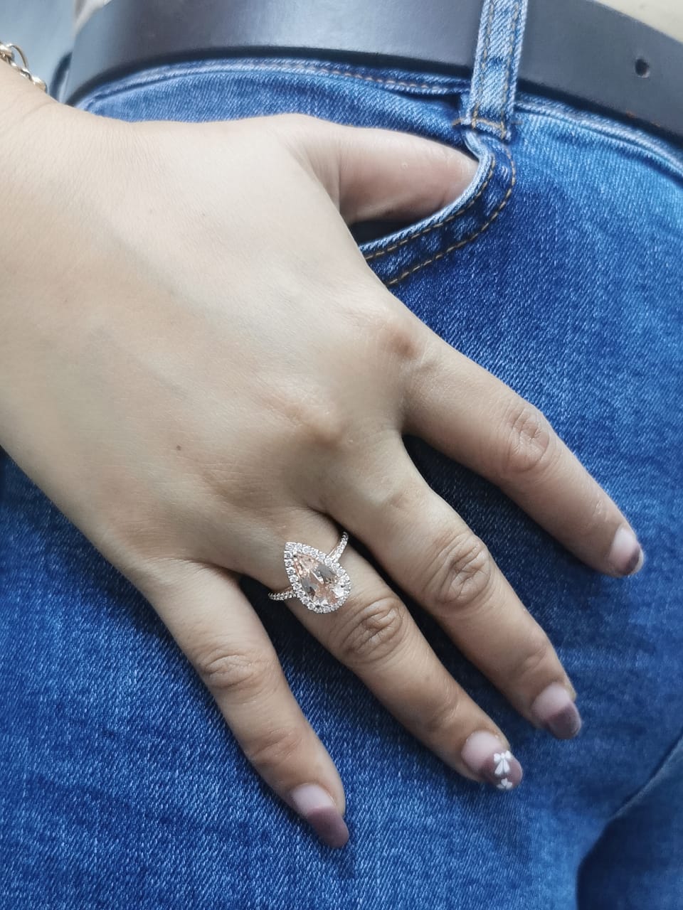 1.91 ct pear-cut morganite and diamond halo ring in 18K rose gold with pave-set diamond band – Emirates Diamonds