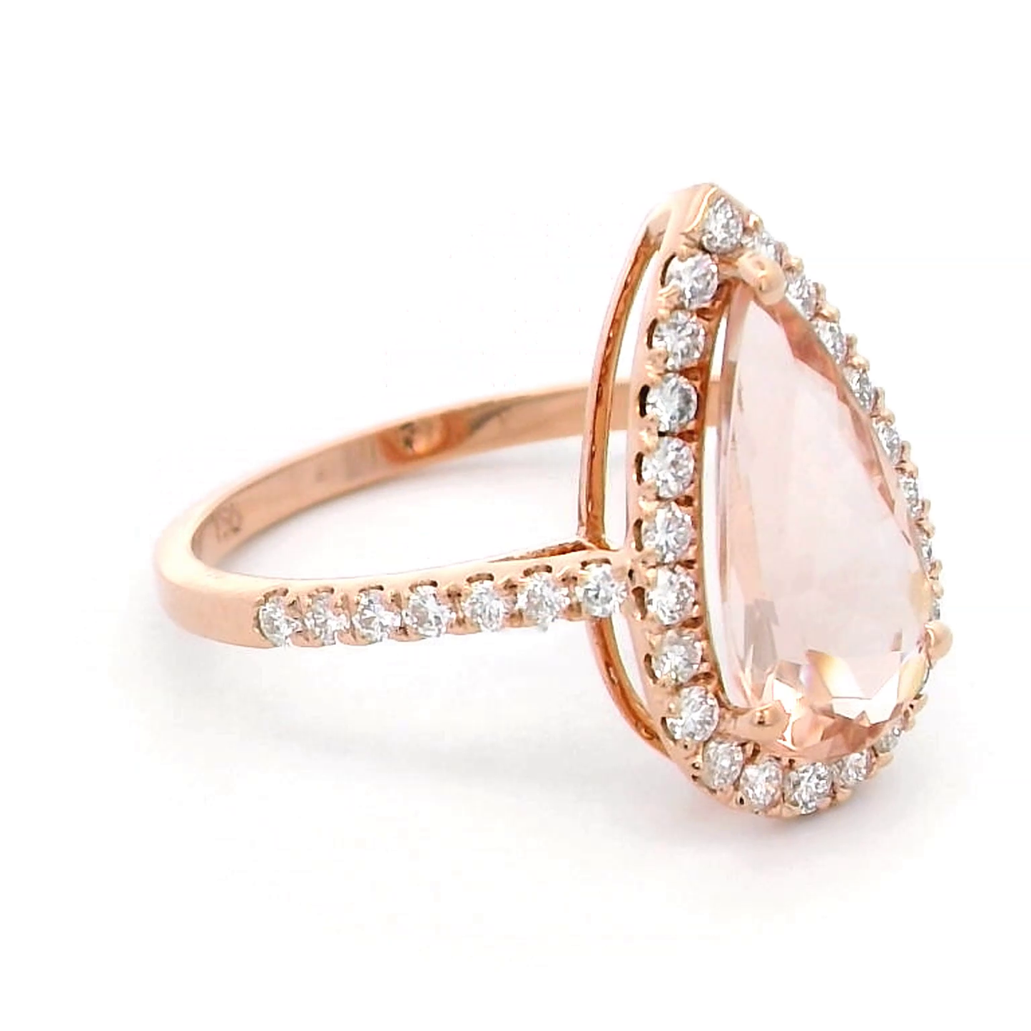 1.91 ct pear-cut morganite and diamond halo ring in 18K rose gold with pave-set diamond band – Emirates Diamonds