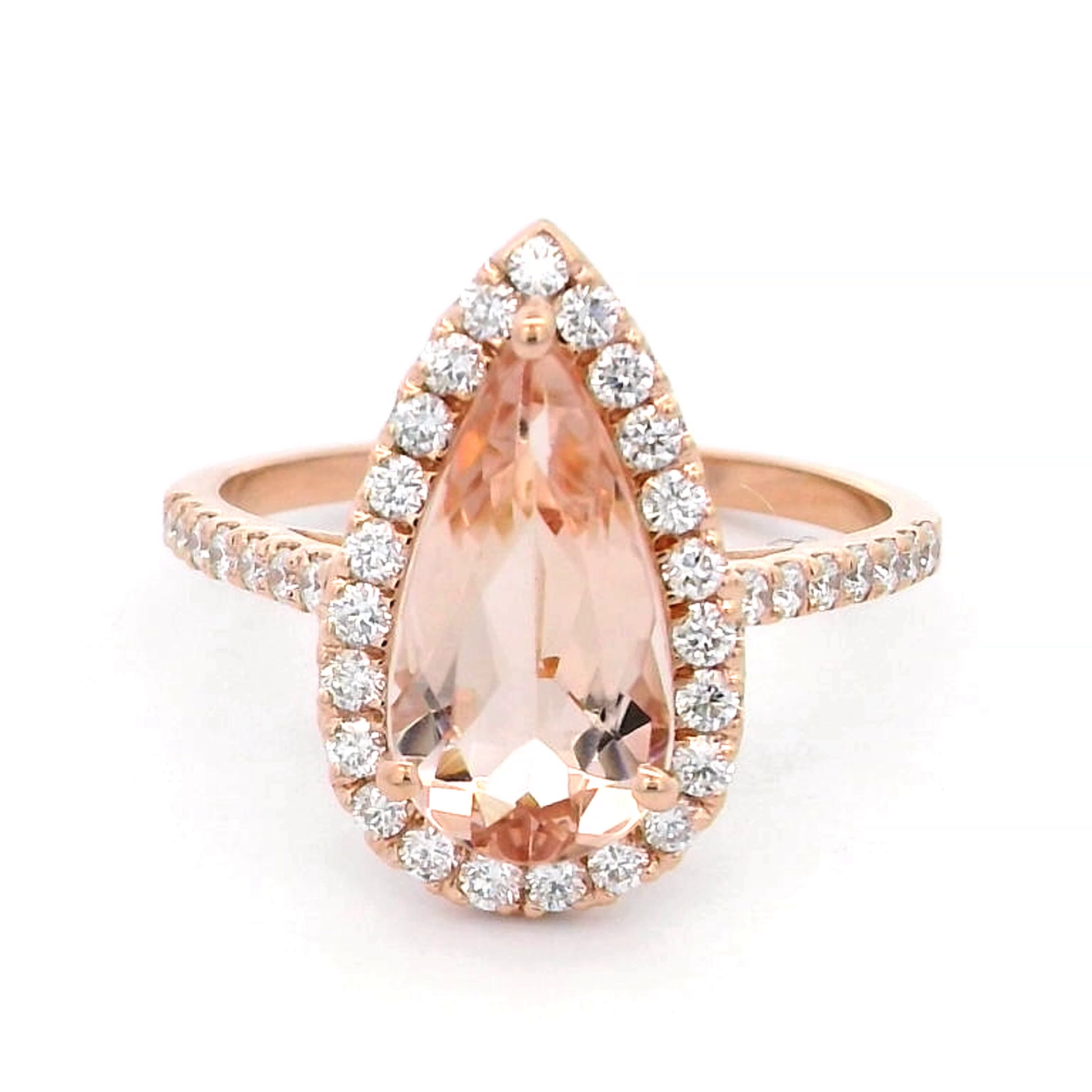 1.91 ct pear-cut morganite and diamond halo ring in 18K rose gold with pave-set diamond band – Emirates Diamonds
