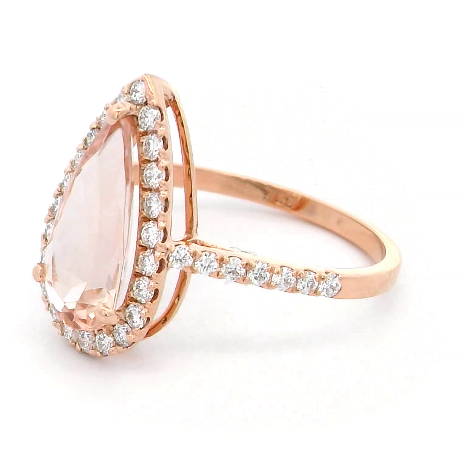1.91 ct pear-cut morganite and diamond halo ring in 18K rose gold with pave-set diamond band – Emirates Diamonds