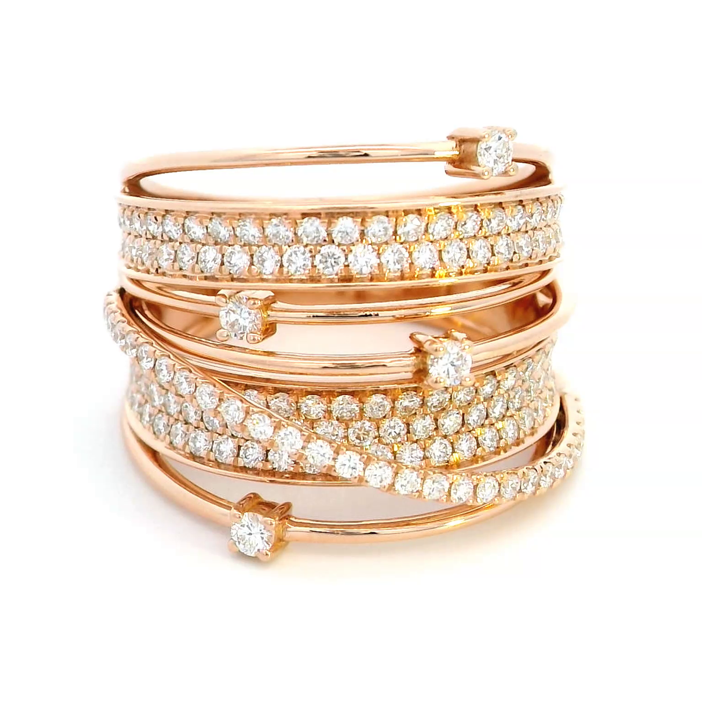 1.19 Carat Multi-Row Diamond Wrap Ring in 18K Rose Gold – Luxury Statement Cocktail Jewelry