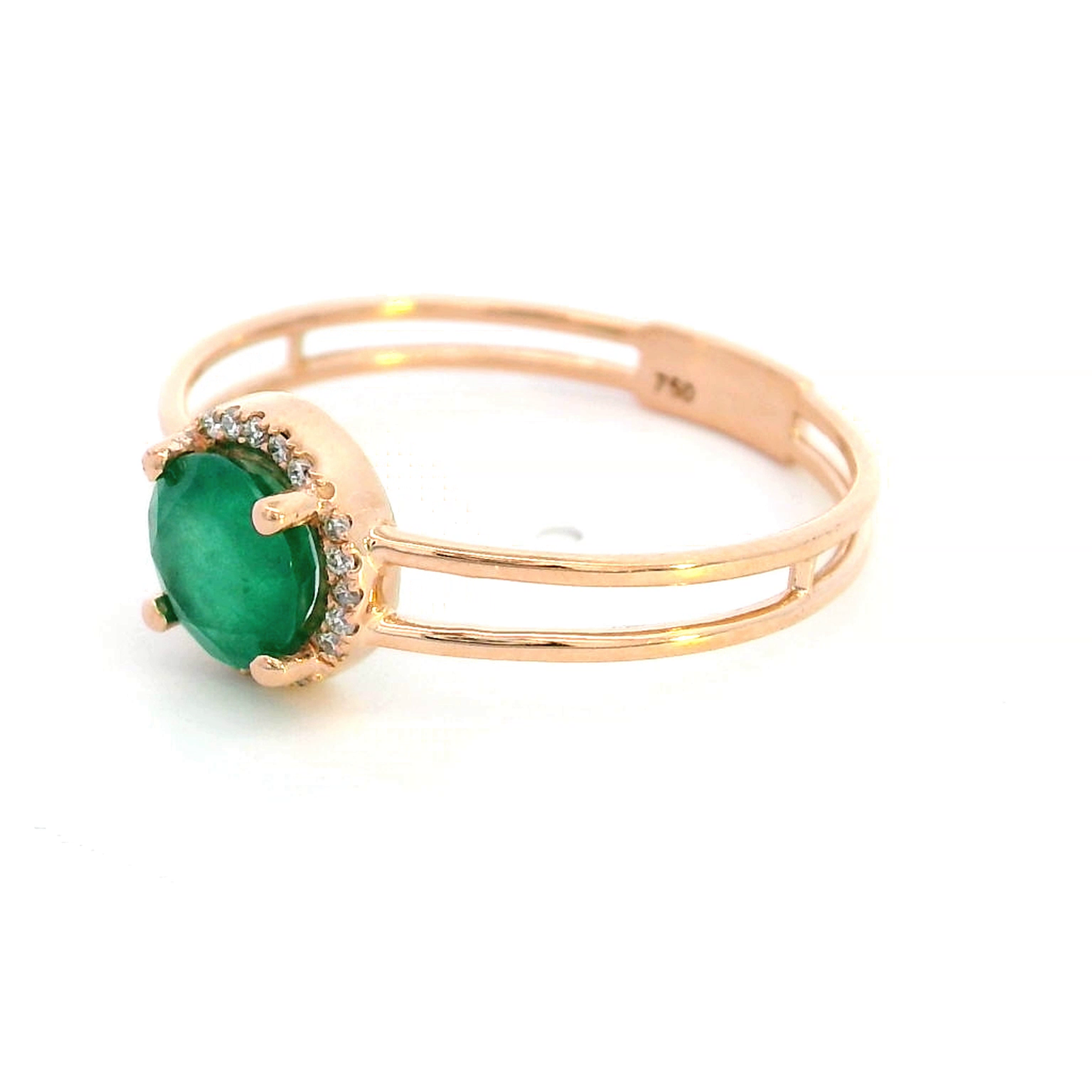 18K Gold Round Emerald & Diamond Halo Ring – 0.80 CT Emerald, 0.05 CT Diamonds
