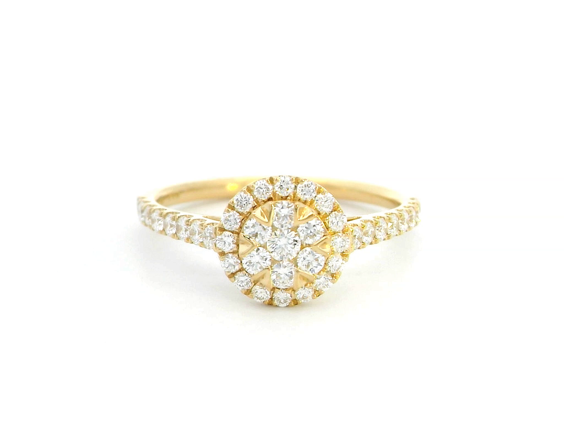 Luxury 18K yellow gold diamond cluster ring, featuring 0.61 carats of round-cut diamonds in a floral-inspired vintage design.