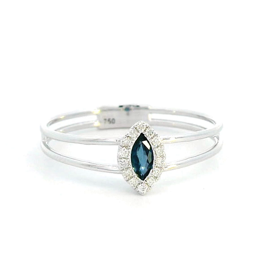18K gold marquise-cut blue sapphire and diamond halo ring featuring a 0.16-carat blue sapphire, framed by 0.05 carats of diamonds, set in an elegant double-band design.