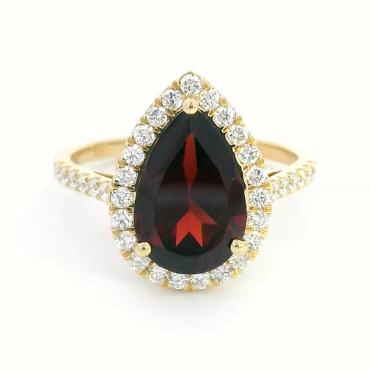 Elegant 18K Gold Pear-Shaped Garnet and Diamond Halo Ring