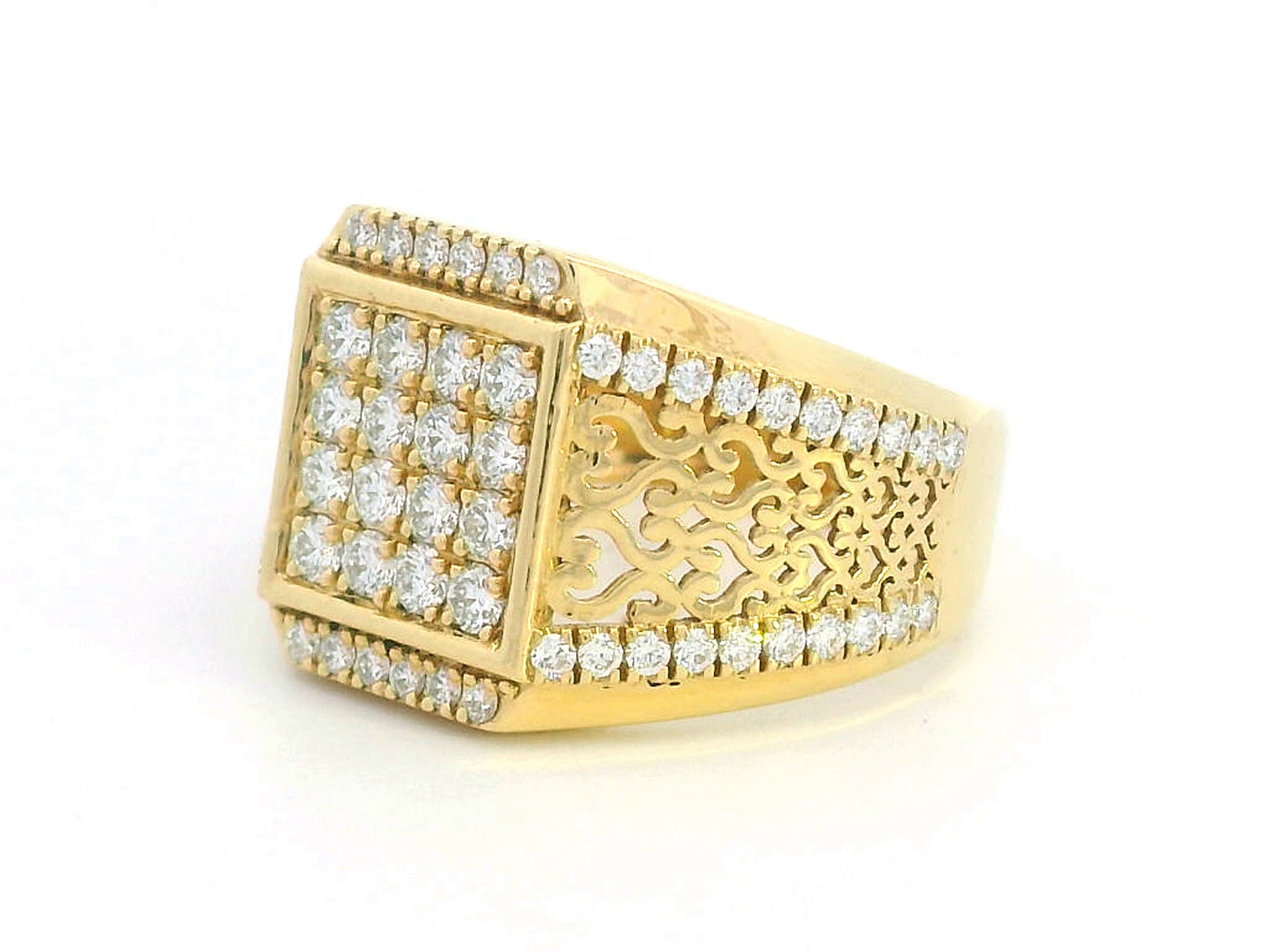 Men’s bold 18K yellow gold diamond cluster ring with square top and filigree design, 0.99 carat total diamond weight.