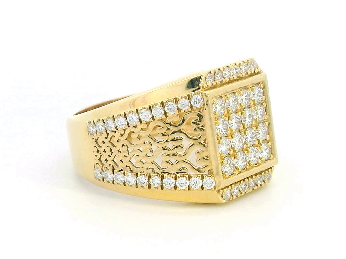 Men’s bold 18K yellow gold diamond cluster ring with square top and filigree design, 0.99 carat total diamond weight.