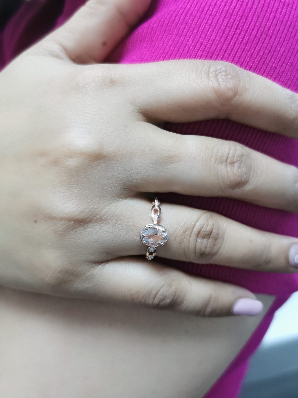 1.24 Carat Oval Morganite Diamond Ring in 18K Rose Gold | Cuban Link Design"