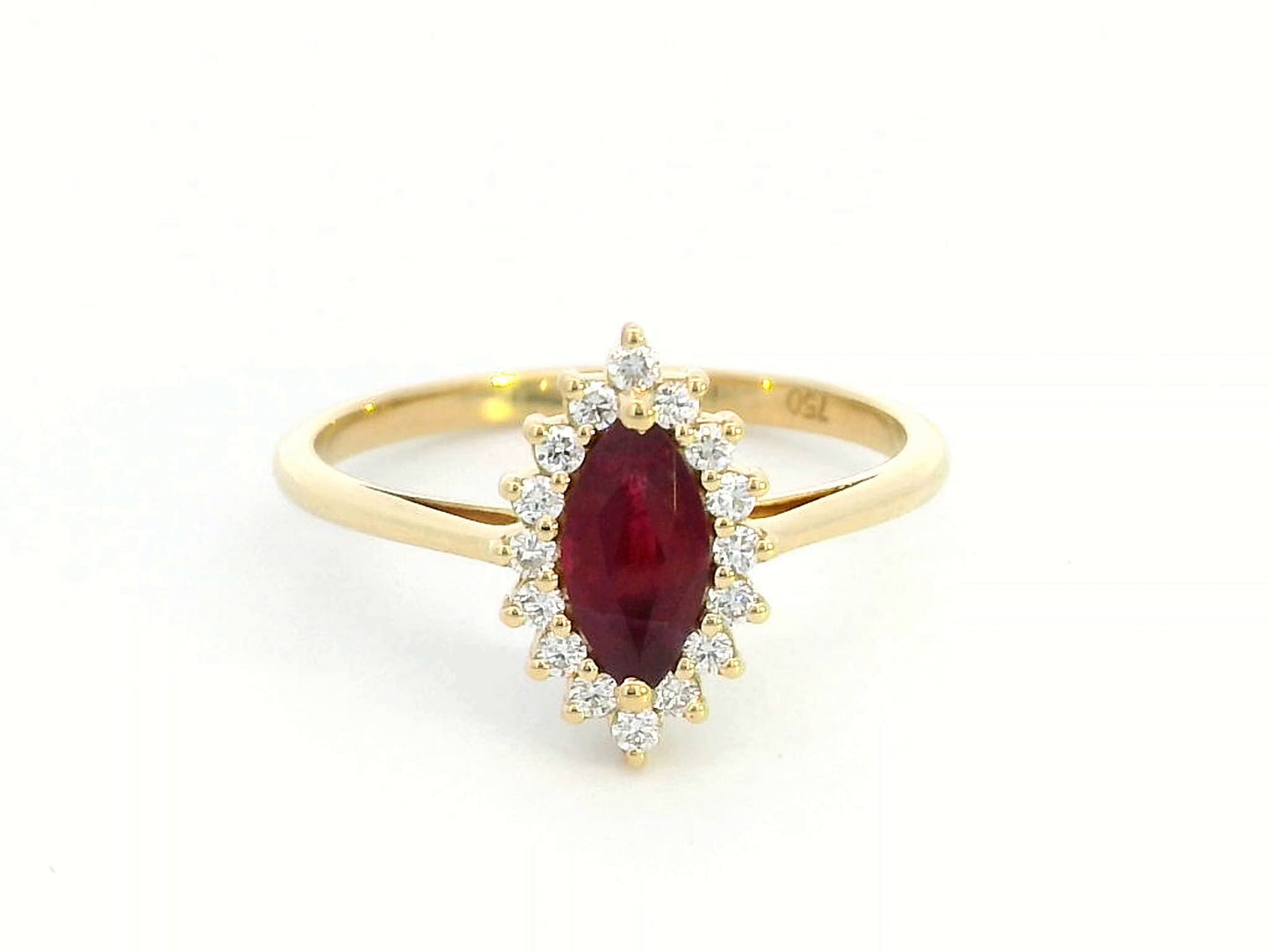 18K yellow gold marquise ruby ring with diamond halo"