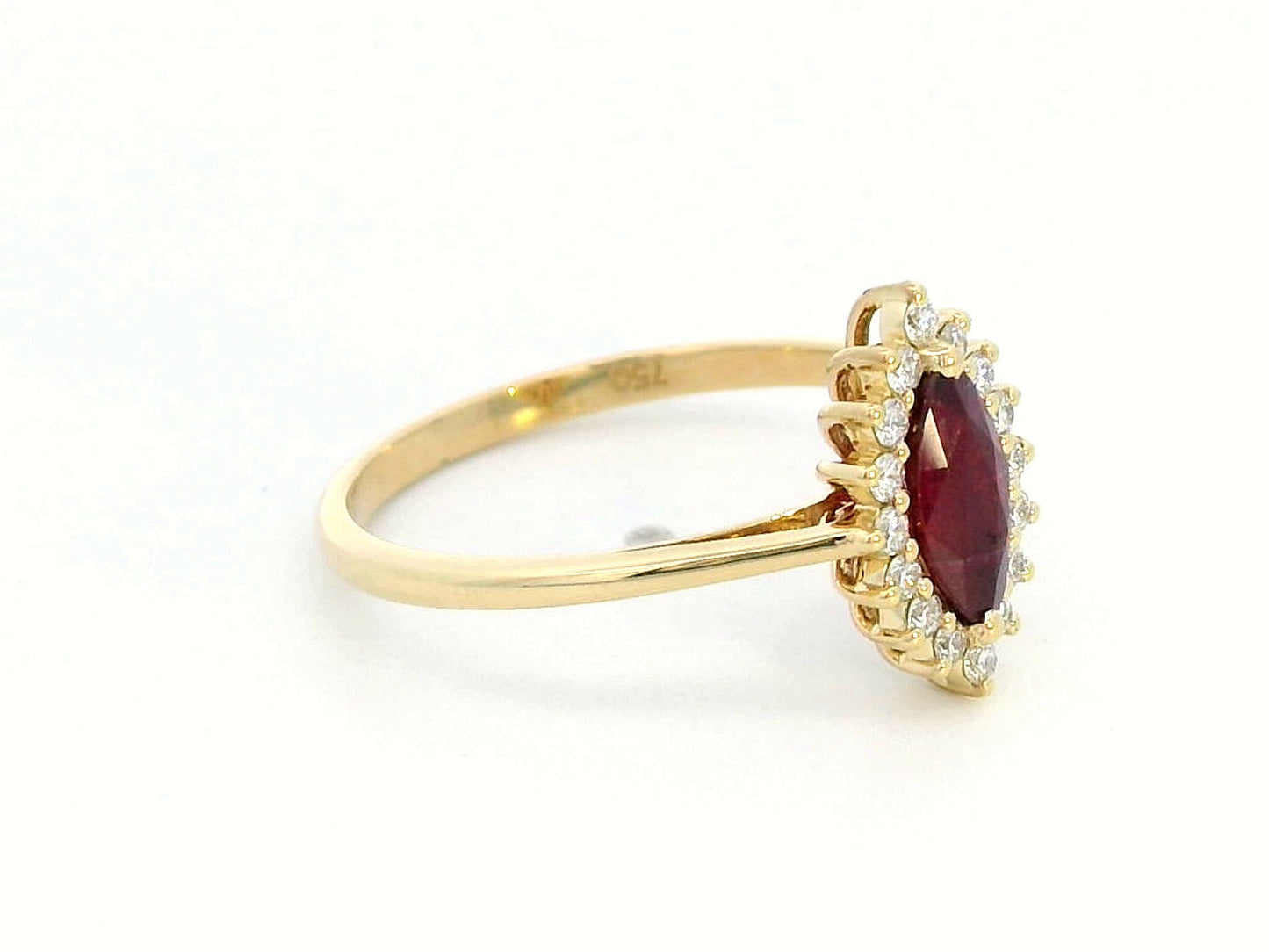 18K yellow gold marquise ruby ring with diamond halo"