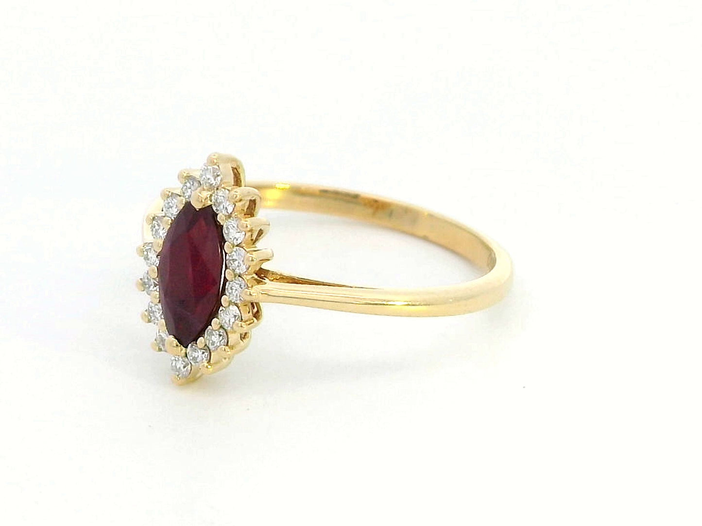 18K yellow gold marquise ruby ring with diamond halo"