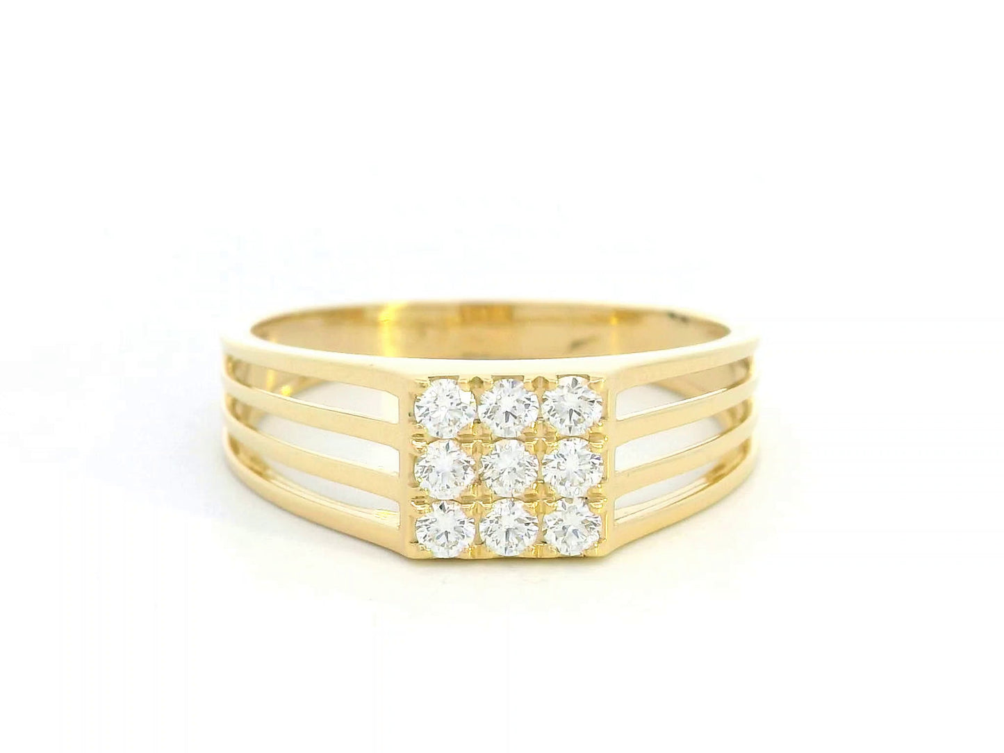 Men's 18K gold ring with diamond cluster and split band design, 0.38 carat total diamonds.