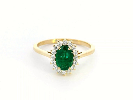 18k Yellow Gold Oval Emerald Ring with Diana-Style Diamond Halo - 0.79ct Emerald