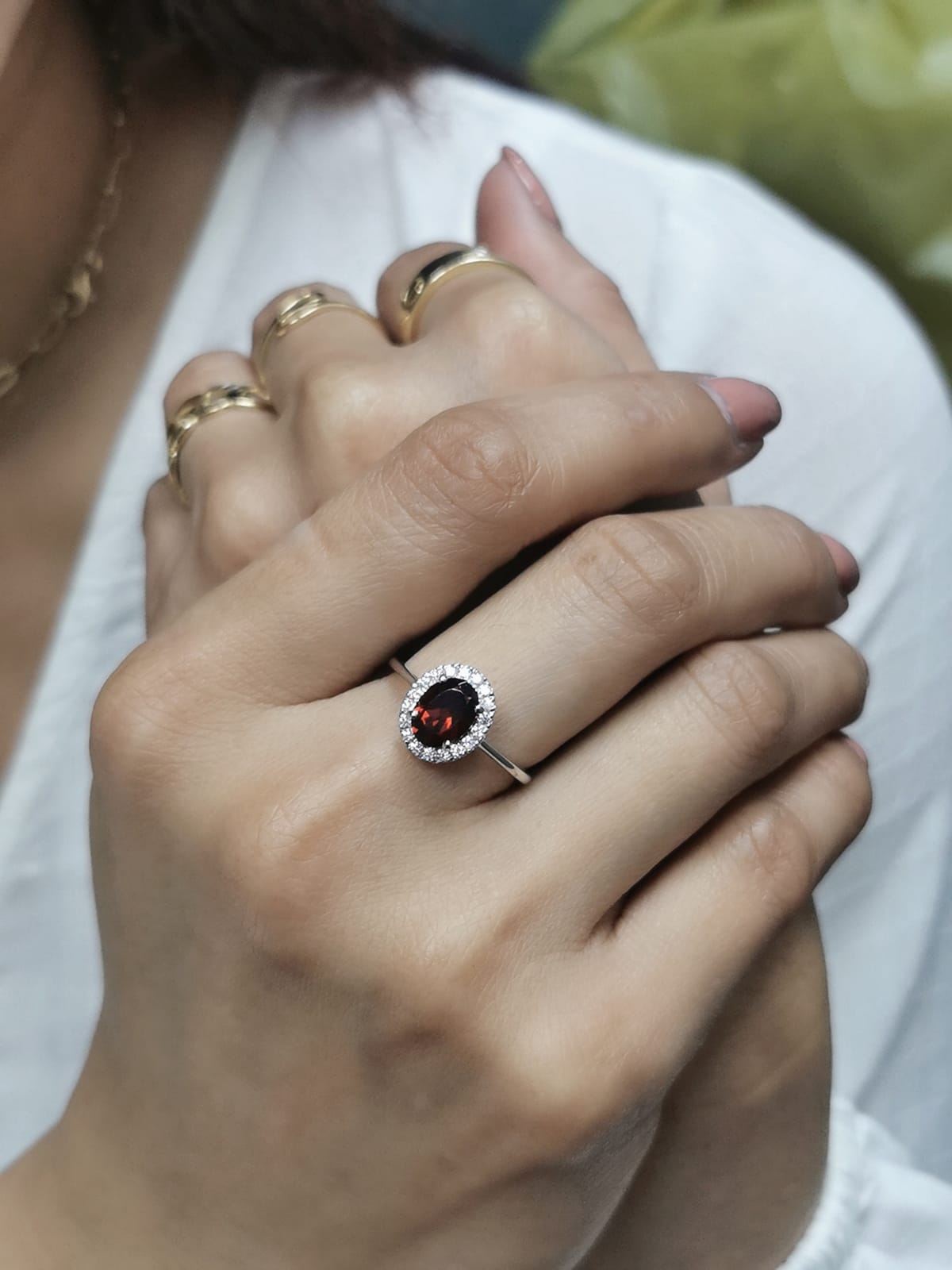 18K Gold Garnet with Diamond Halo Ring | 1.58 Carat Oval Garnet with 0.21 Carat Diamond Accents