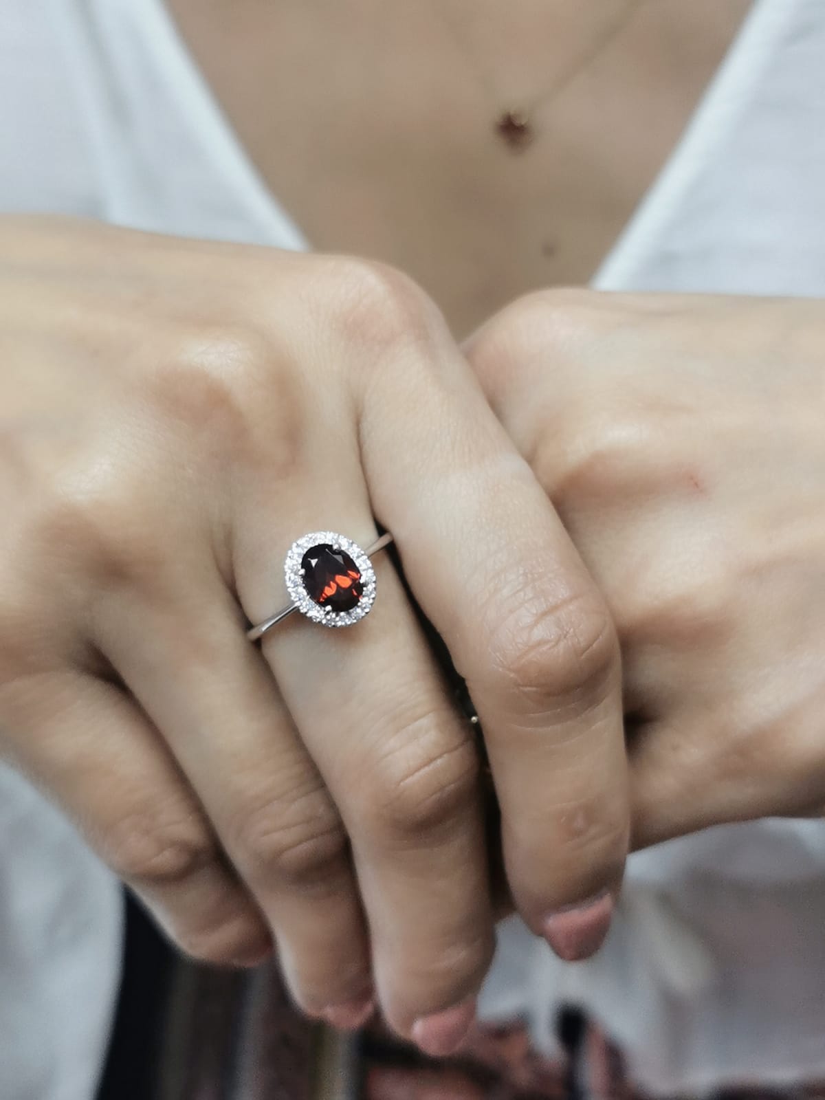 18K Gold Garnet with Diamond Halo Ring | 1.58 Carat Oval Garnet with 0.21 Carat Diamond Accents