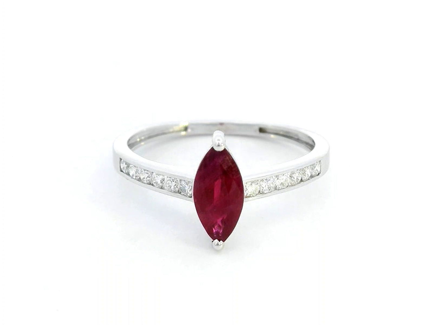 18K white gold marquise ruby and diamond ring featuring a 0.97-carat ruby and 0.21 carats of diamonds, symbolizing the July birthstone.