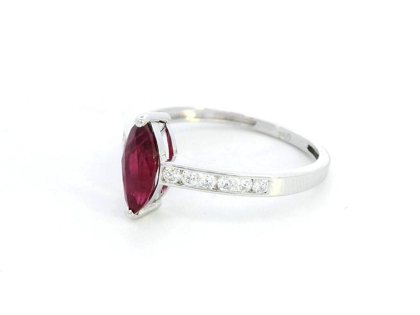 18K white gold marquise ruby and diamond ring featuring a 0.97-carat ruby and 0.21 carats of diamonds, symbolizing the July birthstone.