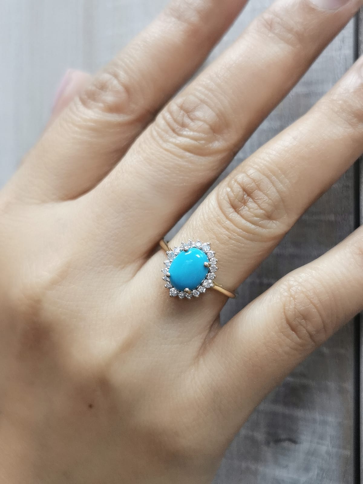 Turquoise and Diamond Halo Ring In 18k Yellow Gold l 1.83 Carat Oval Turquoise