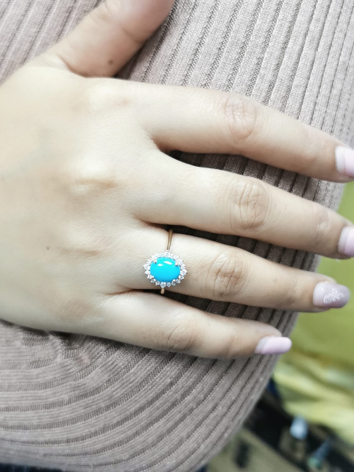 Turquoise and Diamond Halo Ring In 18k Yellow Gold l 1.83 Carat Oval Turquoise