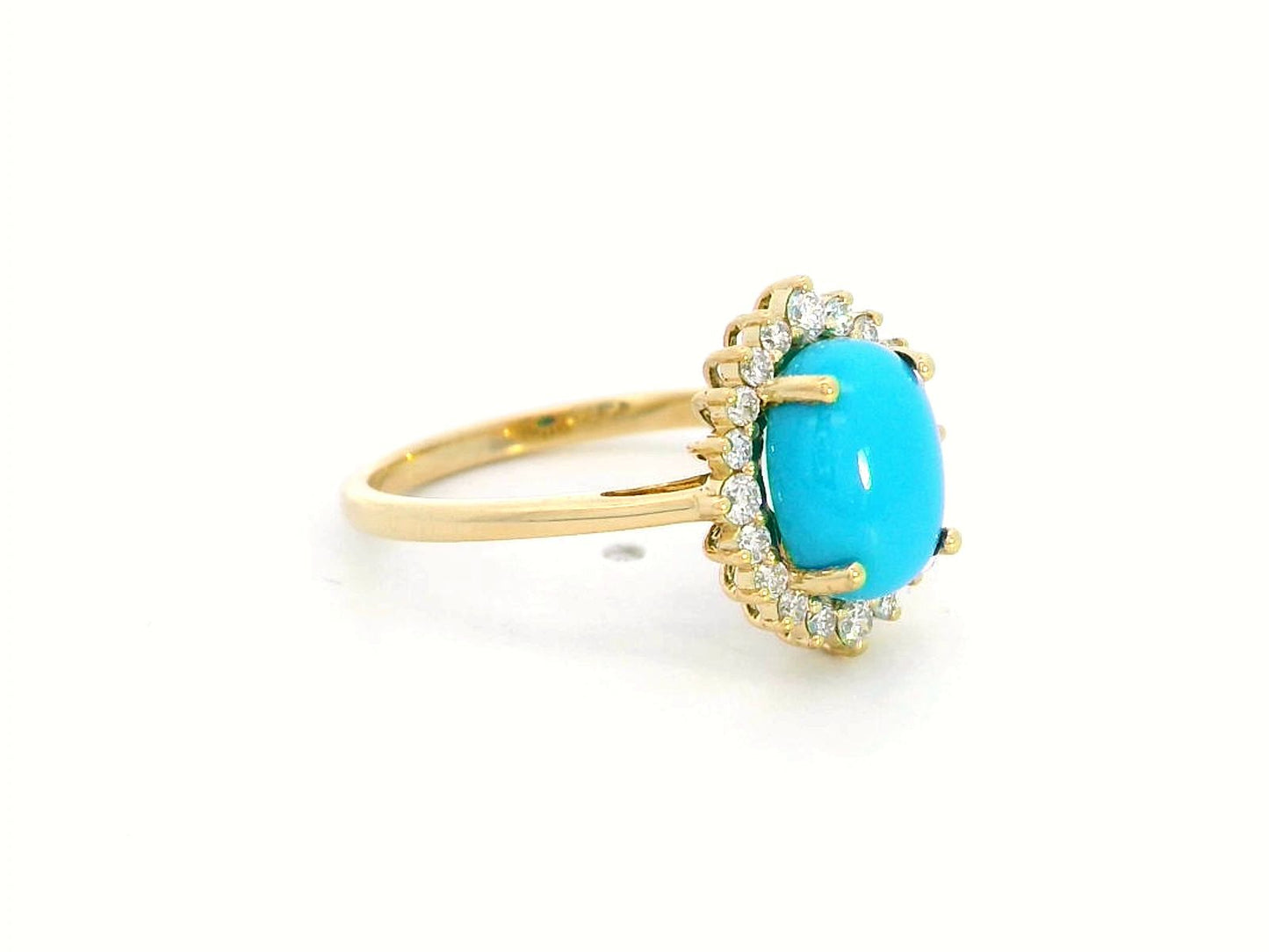 Turquoise and Diamond Halo Ring In 18k Yellow Gold l 1.83 Carat Oval Turquoise