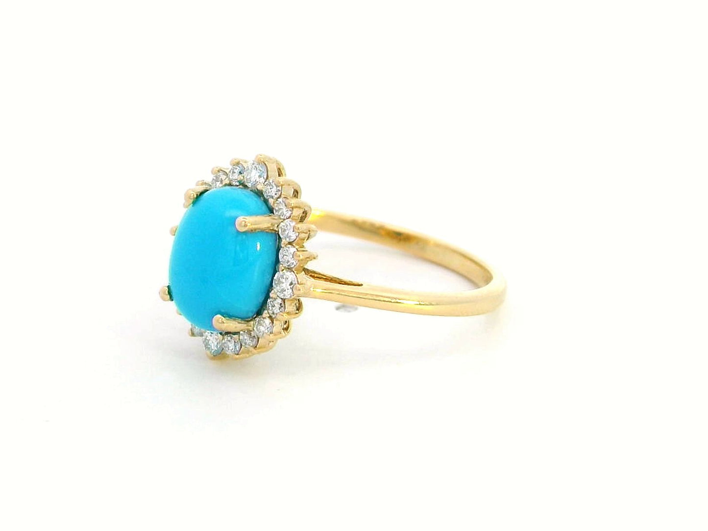 Turquoise and Diamond Halo Ring In 18k Yellow Gold l 1.83 Carat Oval Turquoise
