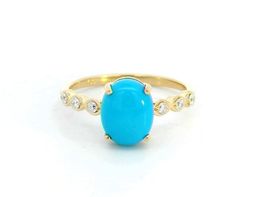 1.90 Carat Oval Turquoise and Diamond Ring in 18K Yellow Gold
