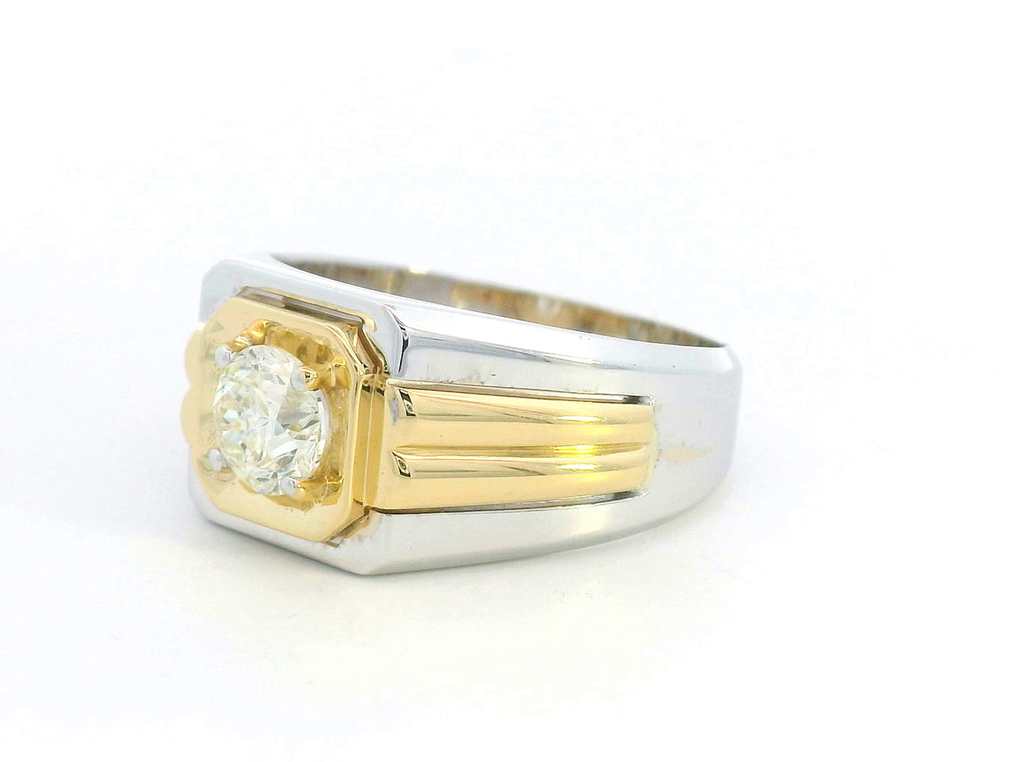 18K two-tone gold men's solitaire ring with 1.01 carat round brilliant diamond