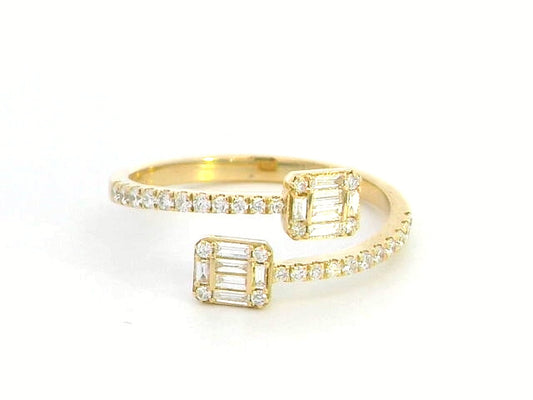 18K gold open ring with 0.34 carat baguette and round diamonds, elegant and modern jewelry piece.