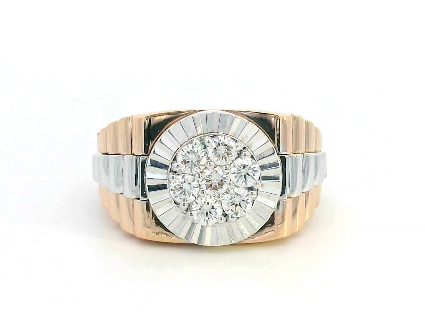 Men’s 18K two-tone gold diamond cluster ring with fluted bezel and ribbed band, 0.61 carat brilliant diamonds.