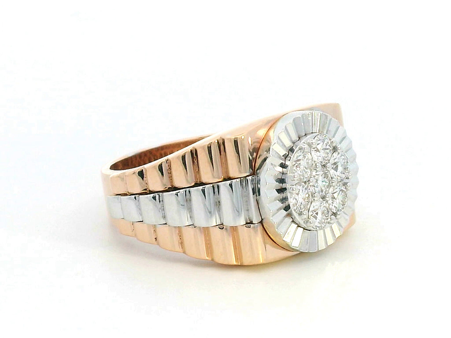 Men’s 18K two-tone gold diamond cluster ring with fluted bezel and ribbed band, 0.61 carat brilliant diamonds.