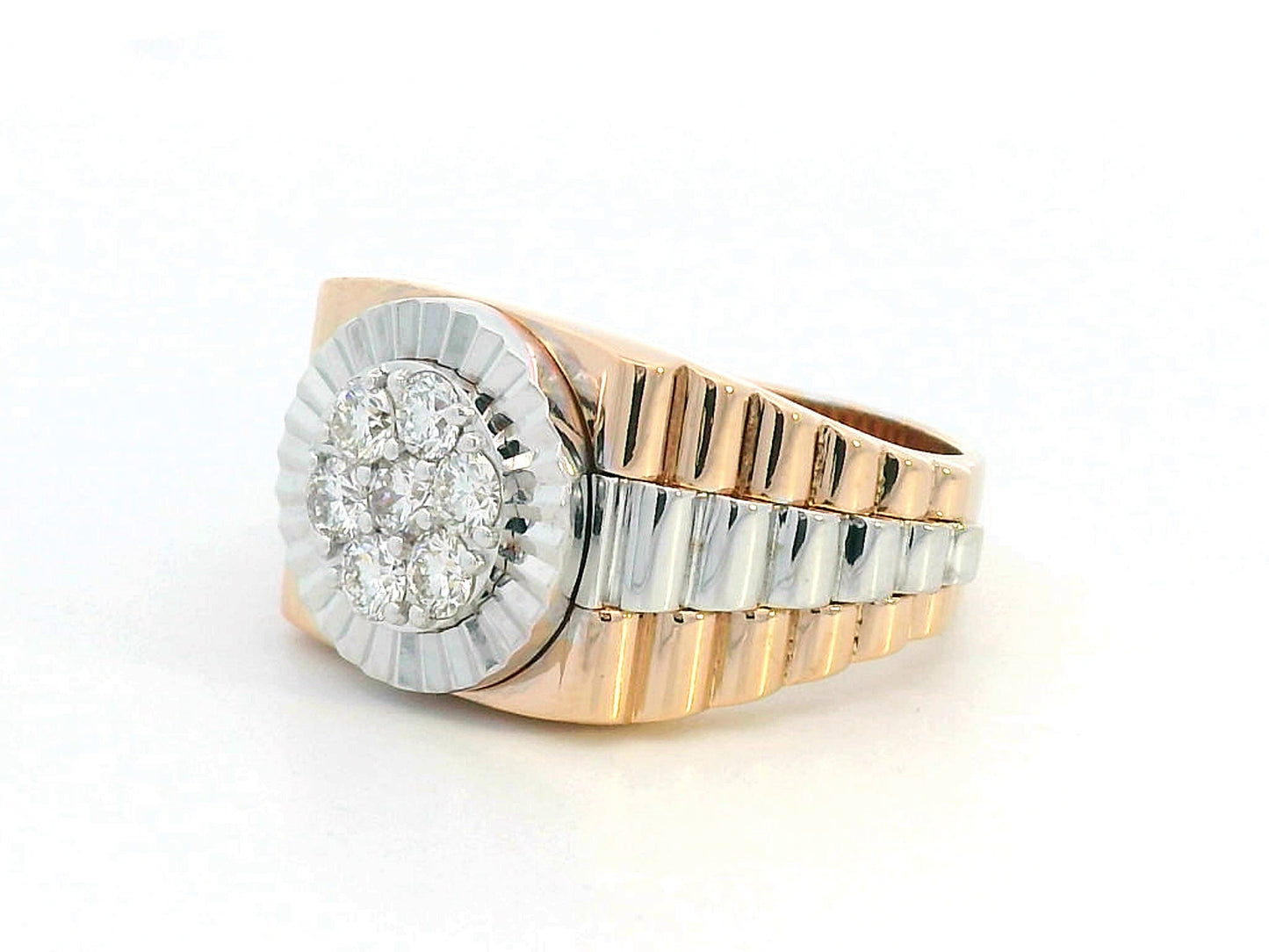 Men’s 18K two-tone gold diamond cluster ring with fluted bezel and ribbed band, 0.61 carat brilliant diamonds.