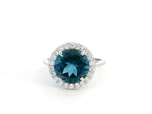 Elegant London Blue Topaz & Diamond Halo Ring in 18K White Gold – 4.33 Carat