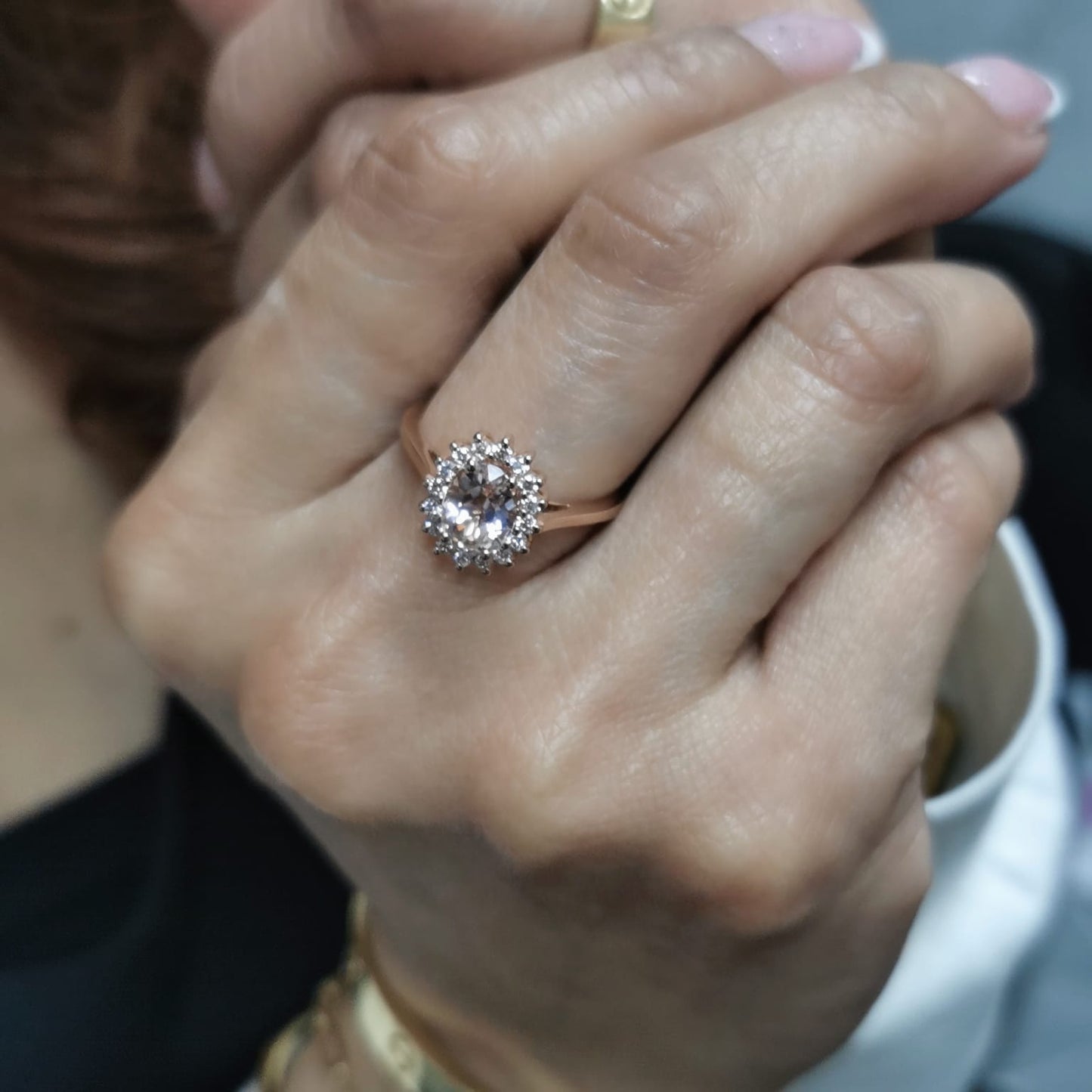 18K rose gold oval morganite ring with floral diamond halo, featuring a 1.57ct morganite and 0.29ct diamonds,