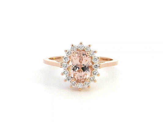 18K rose gold oval morganite ring with floral diamond halo, featuring a 1.57ct morganite and 0.29ct diamonds,