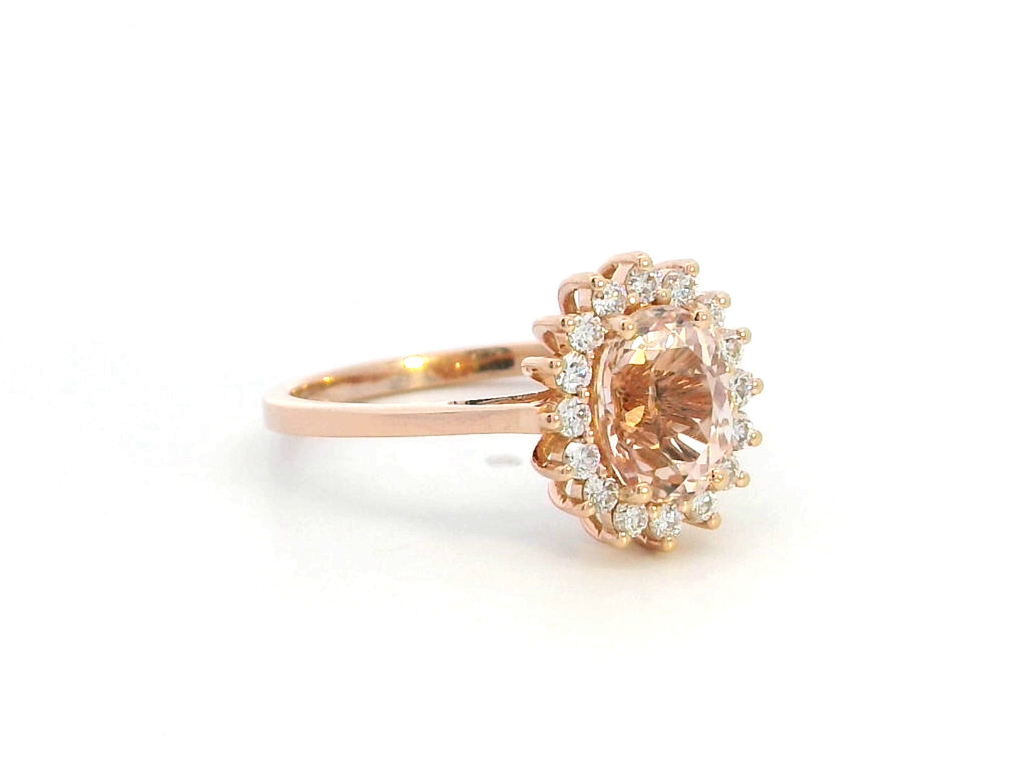 18K rose gold oval morganite ring with floral diamond halo, featuring a 1.57ct morganite and 0.29ct diamonds,