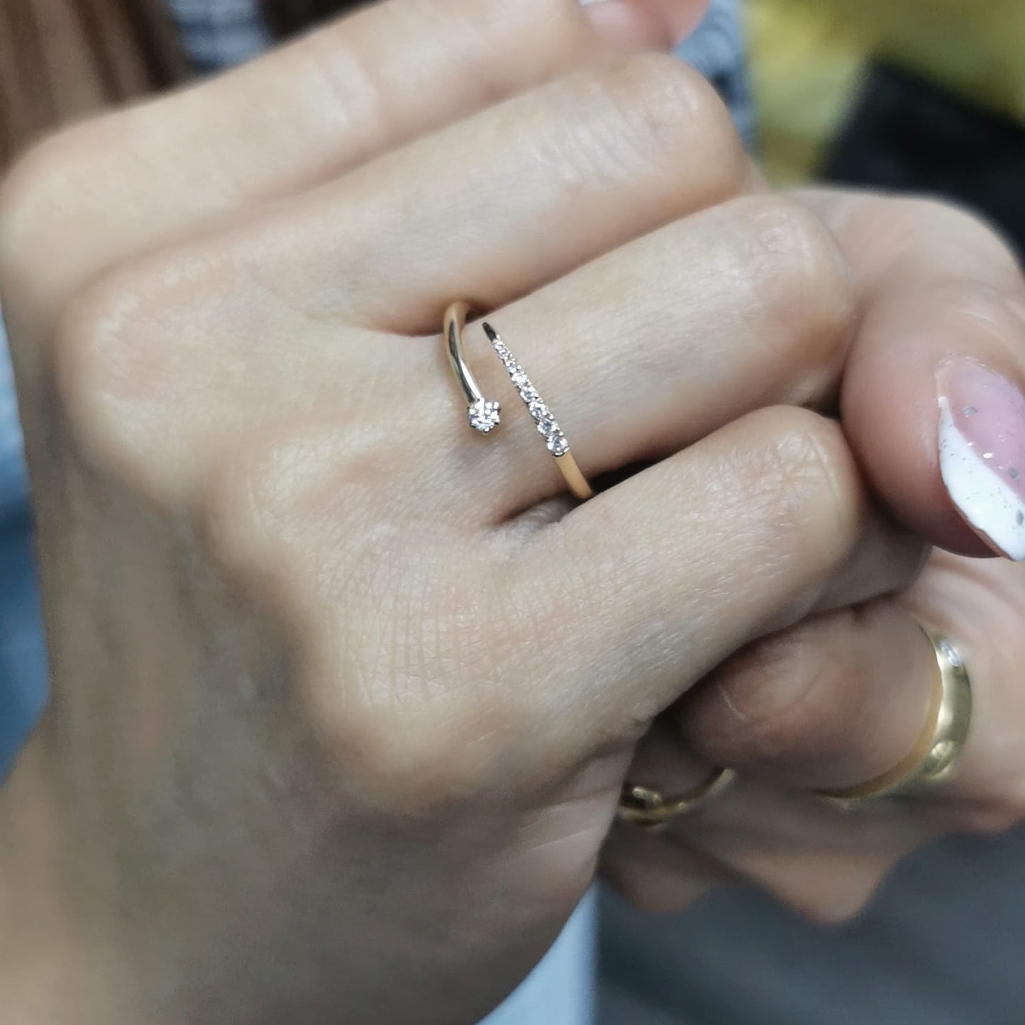 18K gold open wrap diamond ring with 0.11 CT diamonds, modern bypass design, minimalist gold stacking ring