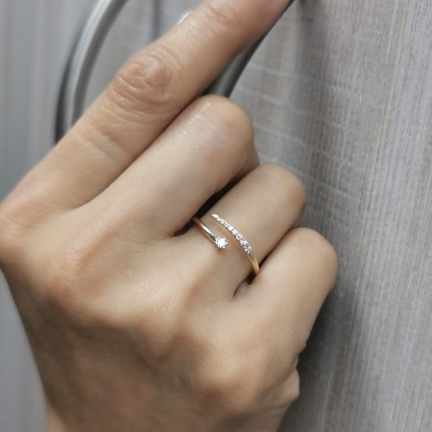 18K gold open wrap diamond ring with 0.11 CT diamonds, modern bypass design, minimalist gold stacking ring